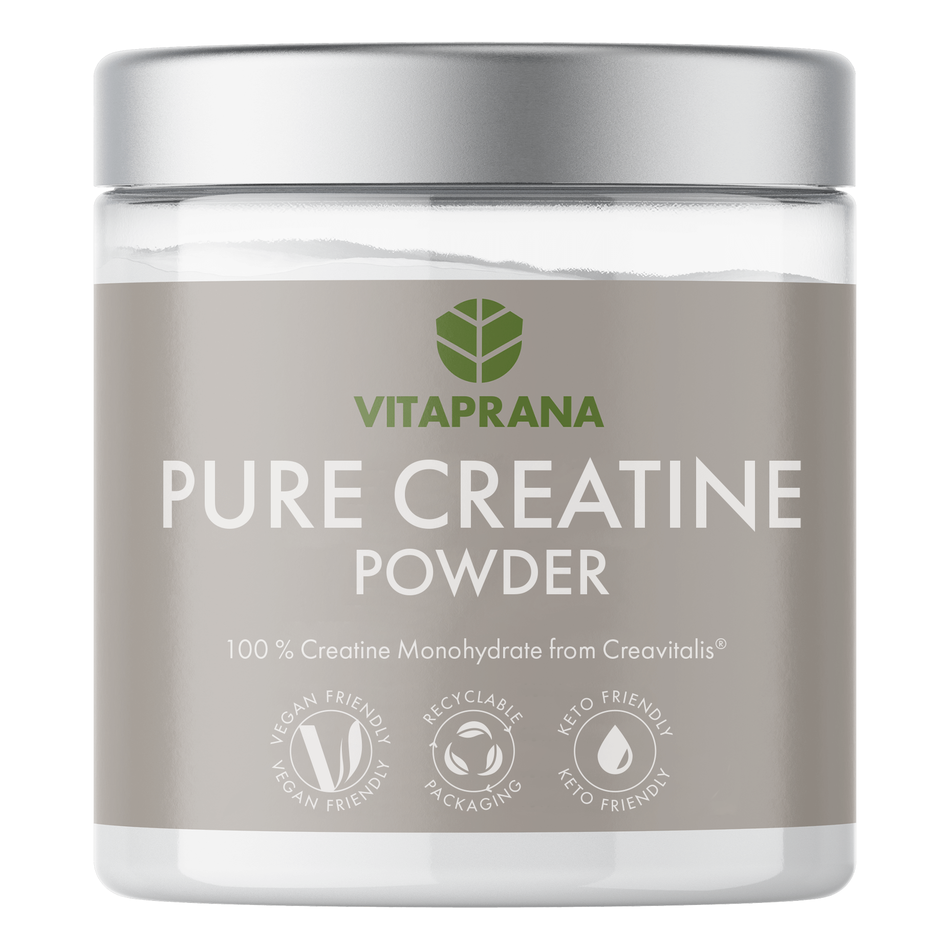 Glasbehälter mit der Aufschrift Pure Creatine Powder von Vitaprana